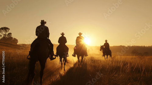 a group of people riding horses into the sunset © EmmaStock