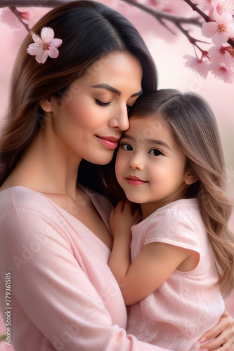 Happy Mother and Daughter pink blossoms background.