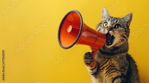 A cat is holding an orange megaphone and making a loud noise. The image has a playful and humorous mood, as the cat is pretending to be a human using a megaphone