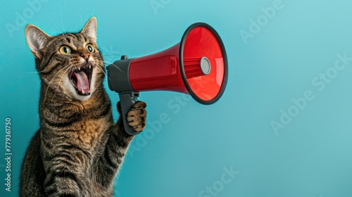 A cat is holding a microphone and making a loud noise. The image has a playful and humorous mood