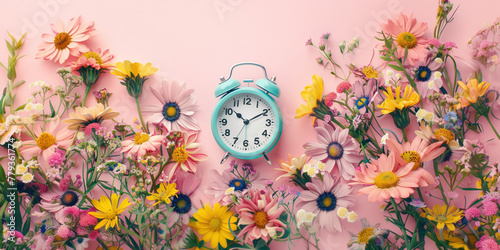 Summer time, winter time, changeover, switch of time. Seasonal spring or summer time. Clock as a timer for celebrations. Retro alarmclock on blue background. Daylight saving time concept photo