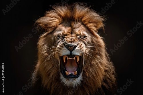 A lion with its mouth open and teeth bared.
