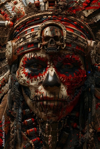 Intricate Indigenous Ritual Mask with Skull in Ceremonial Tribal Style