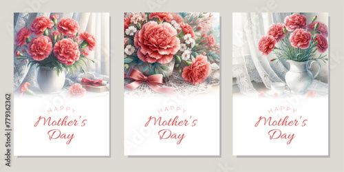 Background of a watercolor illustration of red carnation flowers in a vase displayed by a windowsill
