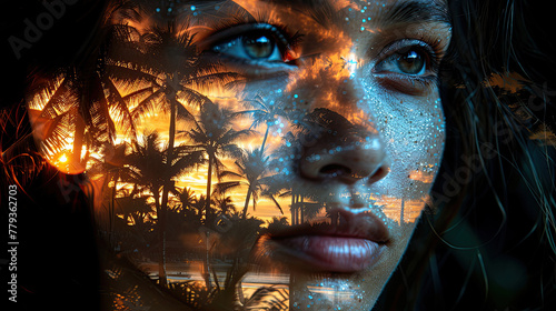 double exposure. of the face of the attractive a Hawaiian model and a palm tree sunset 