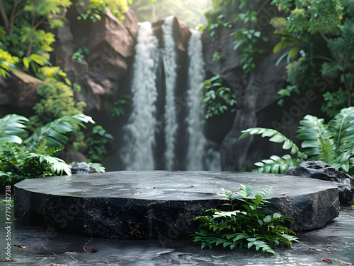 empty rock stone podium with waterfall from mountain tropical forest nature background  for cosmetic product display stand. Generative ai