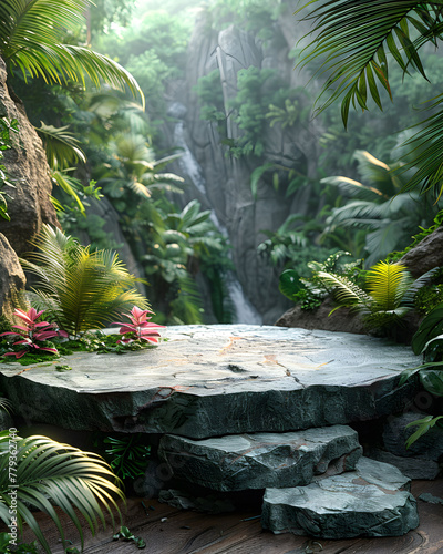 empty rock stone podium with waterfall from mountain tropical forest nature background, for cosmetic product display stand. Generative ai