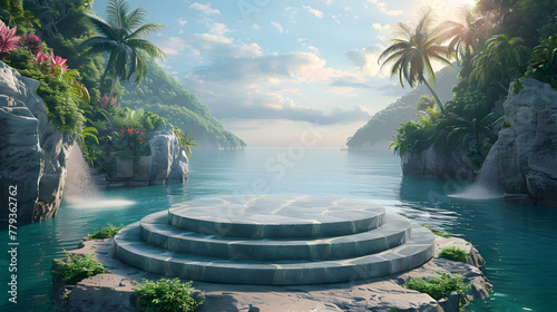 summer podium display platform water scene with sea sky cloud ocean background. podium on sand beach cosmetic product display stand. Generative ai