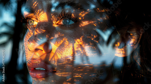 the face of the attractive model and a palm tree sunset double exposure.  © berkeley