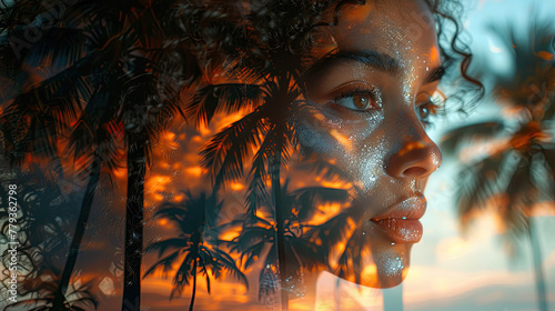 the face of the attractive affrican american model and a palm tree sunset double exposure.  © berkeley