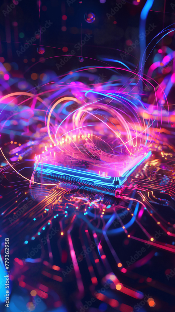 digital art piece visualizing the concept of sounds emanating from a semiconductor. Imagine a sleek, futuristic semiconductor chip at the center, glowing with neon lights. Around it digital art piece visualizing the concept of sounds emanating from a semiconductor. Imagine a sleek, futuristic semiconductor chip at the center, glowing with neon lights. Around it