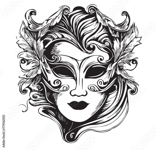 Hand drawn carnival vector mask in line art style isolated on white background. Masquerade mask sketches for decorating festive invitations, banners, greeting cards.