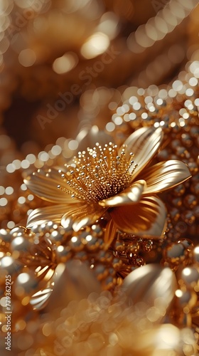 Opulent Golden Floral Ornament with Sparkling Metallic Petals and Ornate Details