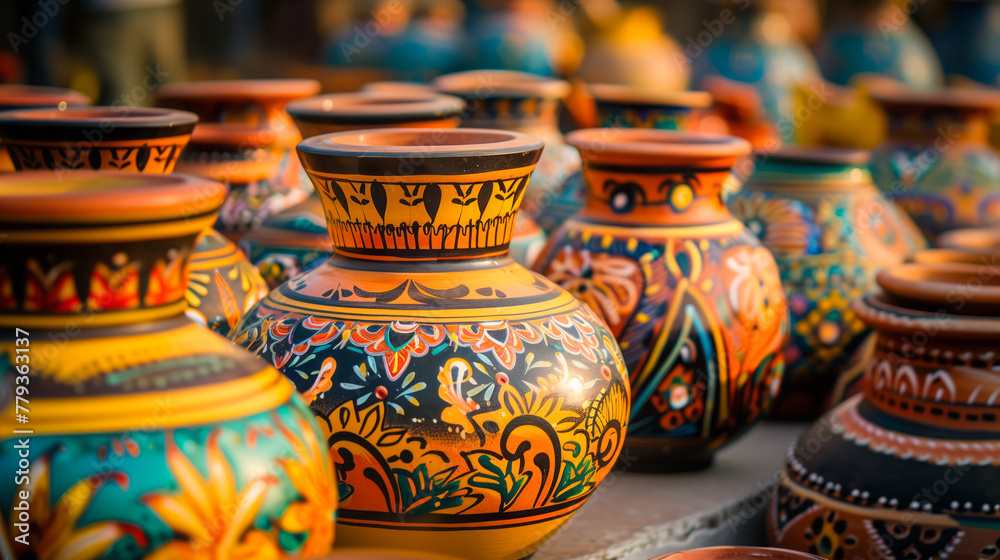 Traditional Terracotta Pots, pots adorned with intricate designs and vibrant colors