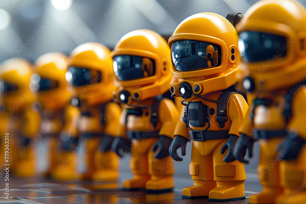 Robotic Safety Crew Readies for Challenging Mission in Isolated Setting with Cinematic Photographic Style