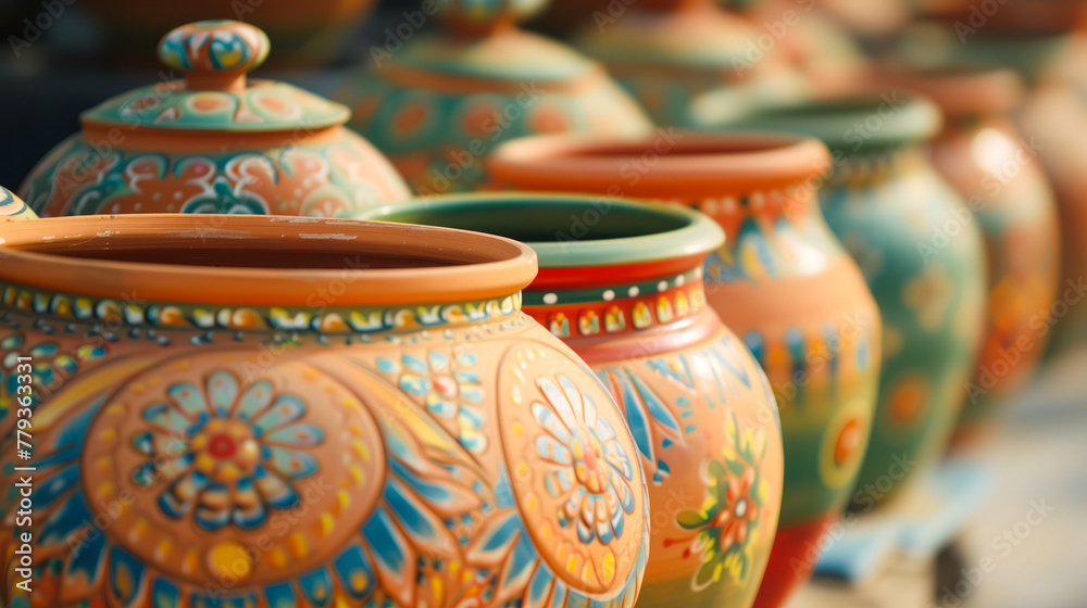 Traditional Terracotta Pots, pots adorned with intricate designs and vibrant colors