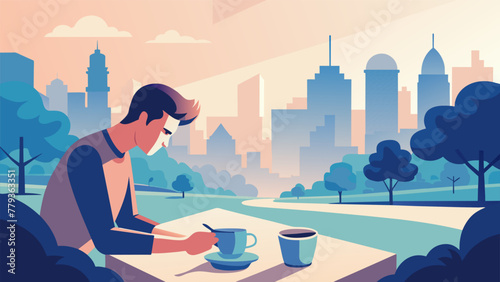 In the midst of a bustling city a person finds a quiet and secluded spot in a park to enjoy their morning ritual of brewing a cup of coffee.