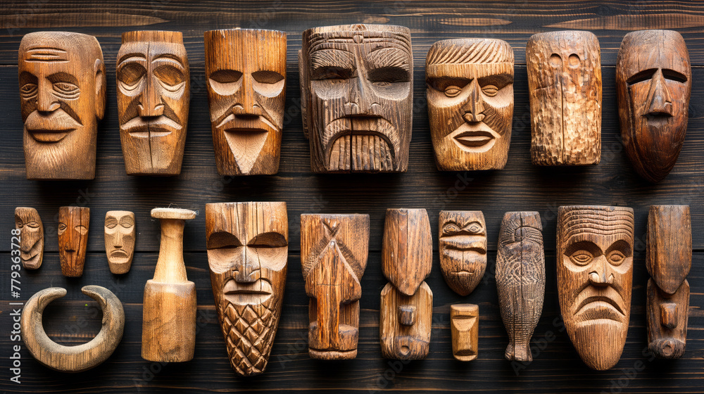 Wooden Artisan Creations, wooden artifacts, including bowls, masks, and sculptures