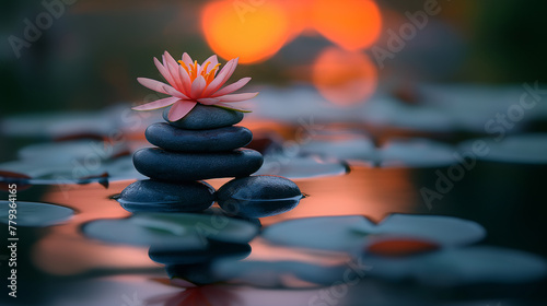 Lotus flower on stacked stones in tranquil water at sunset. Zen and meditation concept. Suitable for wellness retreats, spa advertisementsn. with space for text, generative ai