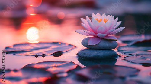 Lotus flower on stacked stones in tranquil water at sunset. Zen and meditation concept. Suitable for wellness retreats  spa advertisements  or relaxation themed   generative ai
