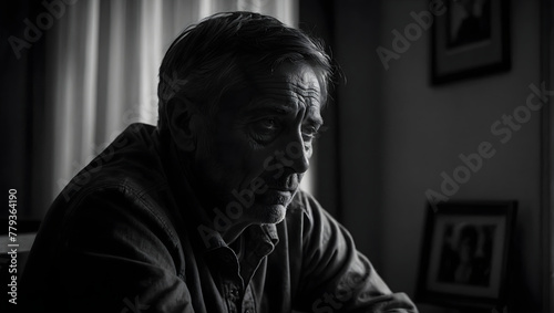 A person sitting alone in a dimly lit room, with a close-up of a stress preson's weathered face, surrounded by shadows, with a pensive expresssion reflecting feelings of depression.