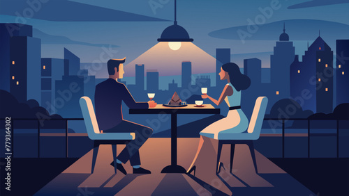 With the city sprawled out before them a couple shares a candlelit dinner on a rooftop overlooking the bustling streets below. The flickering
