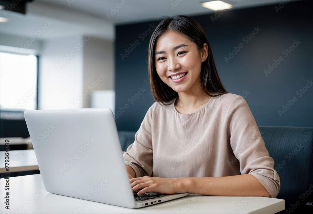 Cheerful Woman Using Laptop in Cafe Cheerful Woman Using Laptop in Cafe