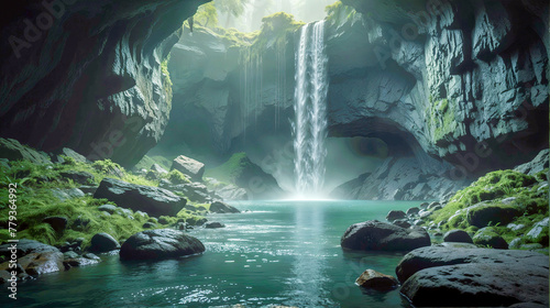 Beautiful view of a waterfall in a dark enchanted forest cave wallpaper