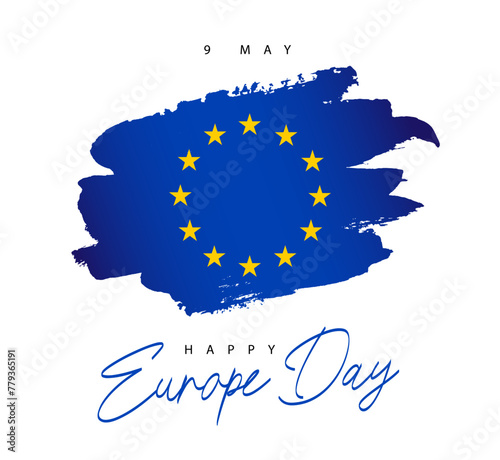 Happy European Day - May 9th. Hand-drawn European flag. 12 yellow stars. Smears of blue paint. Vector illustration