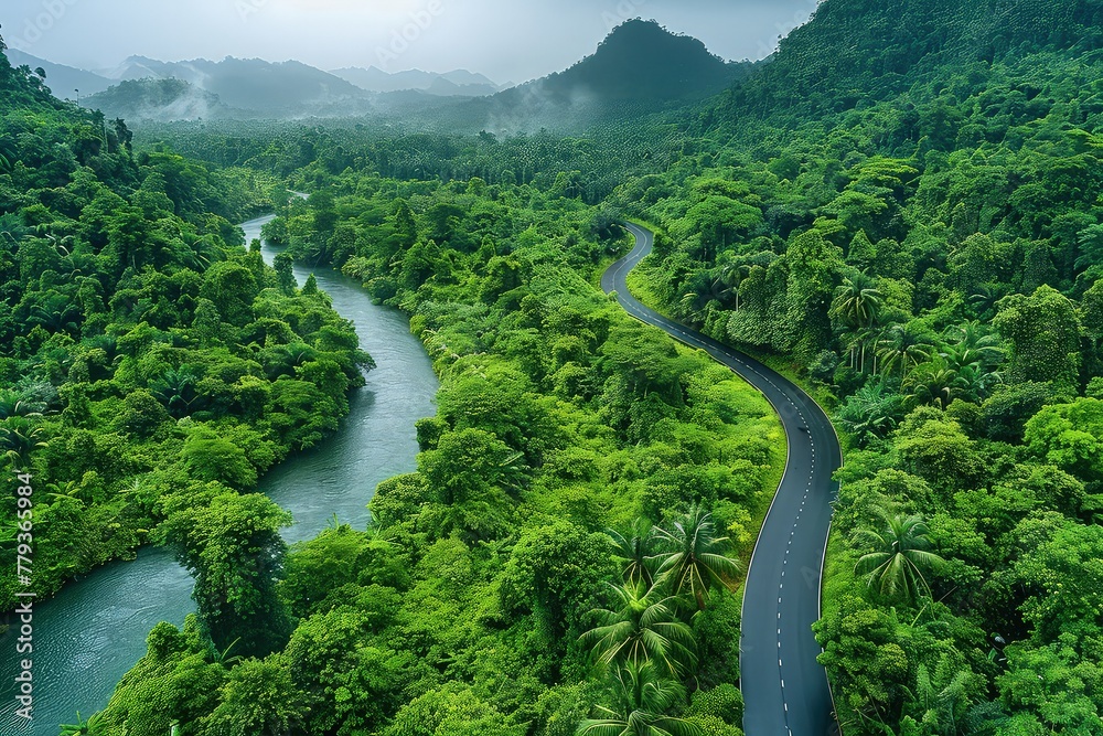 Aerial view of a winding asphalt road in an evergreen tropical forest. A serpentine path cuts through the lush, verdant embrace of the tropical forest, inviting adventure and exploration from above.