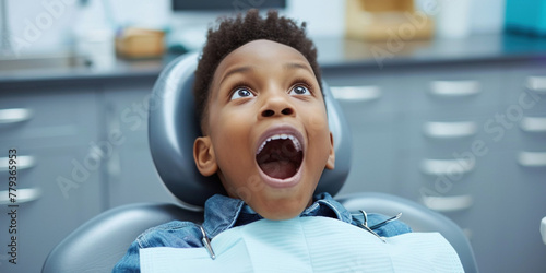 African-American boy in dentistry. People treatment teeth, medical checkup concept. Chind scared shocked kid with open mouth sitting in dentist's chair while having oral care photo