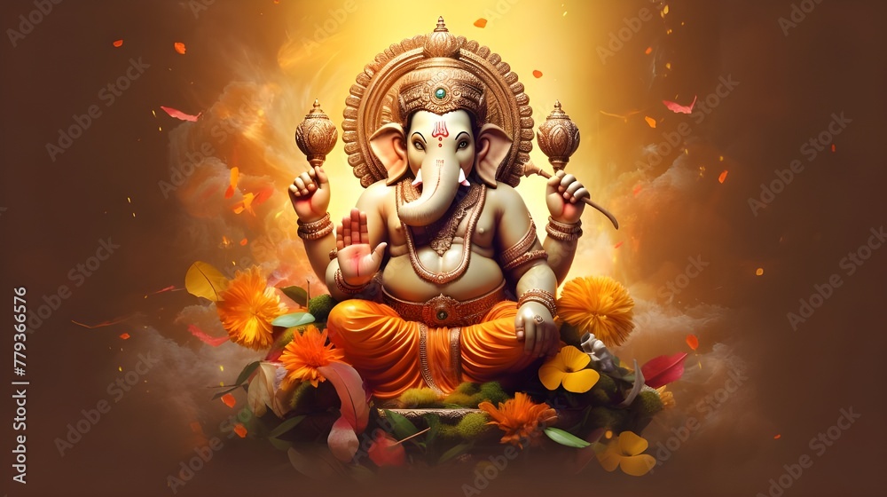 Lord ganesha red body four arms his consort sittiing