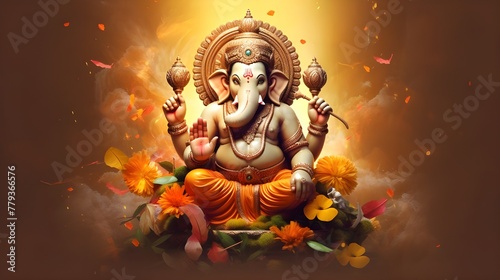 Lord ganesha red body four arms his consort sittiing
