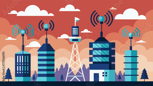 A series of closeup images displaying the advanced infrastructure of a 5G network solution with hightech routers and servers towered above by