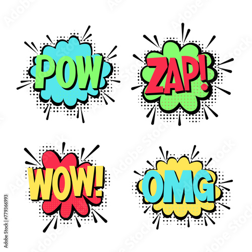 Set comic speech bubbles with text POW, WOW, OMG and ZAP.