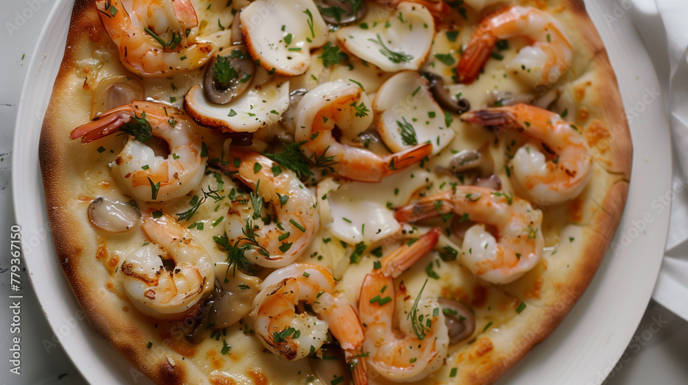 Seafood pizza with shrimp, squid, scallops on creamy sauce, styled with soft, natural light on a white plate.
