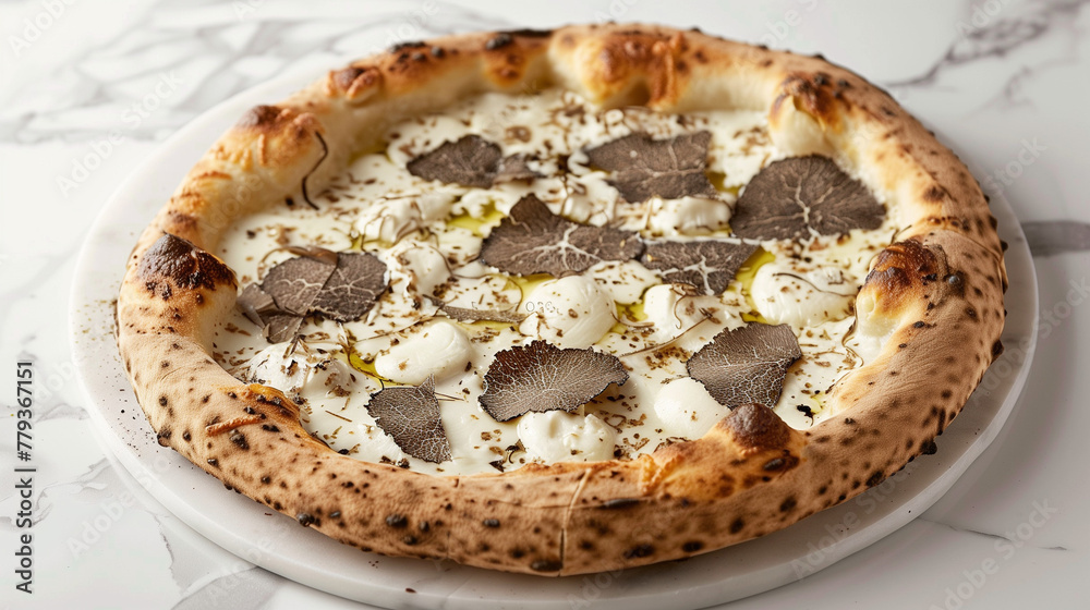 Luxurious Truffle pizza with mozzarella and truffle oil on marble countertop, soft lighting emphasizes delicate textures.
Luxurious Truffle pizza with mozzarella and truffle oil on marble countertop, soft lighting emphasizes delicate textures.