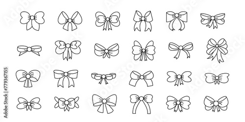 Set of decorative different ribbon bow silhouette. Elegant minimal line stroke style.