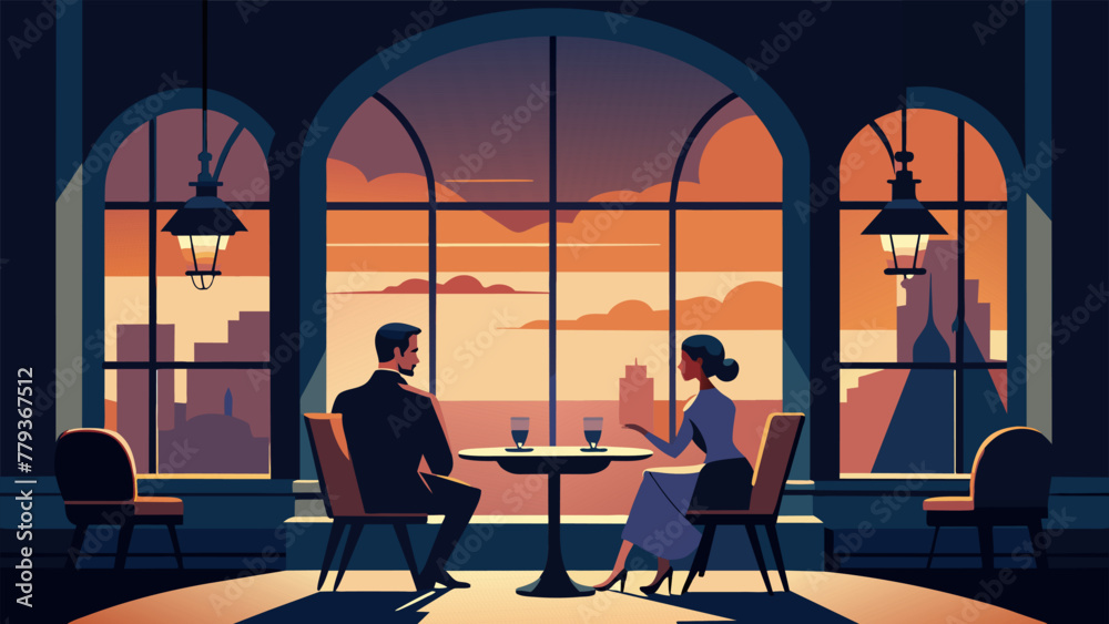 As the sun sets over the horizon a couple enjoys a romantic dinner in an upscale restaurant the warm glow from the vintage chandeliers and