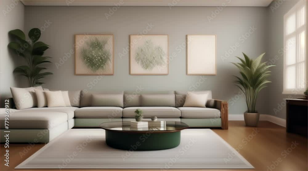 Modern living room interior with sofa and contemporary furniture in a comfortable home design and a window with plenty of natural light.