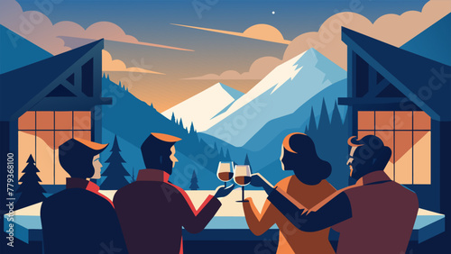 In a cozy cabin nestled in the mountains a group of friends huddle around a fireplace warming their hands on glasses of rich handcrafted wine.