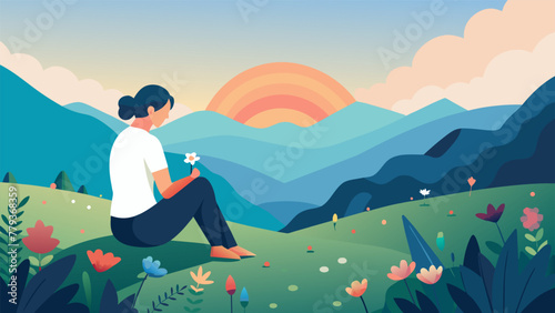 A solitary figure a young woman sitting on a grassy hill overlooking a valley filled with colorful spring flowers. She is surrounded by a