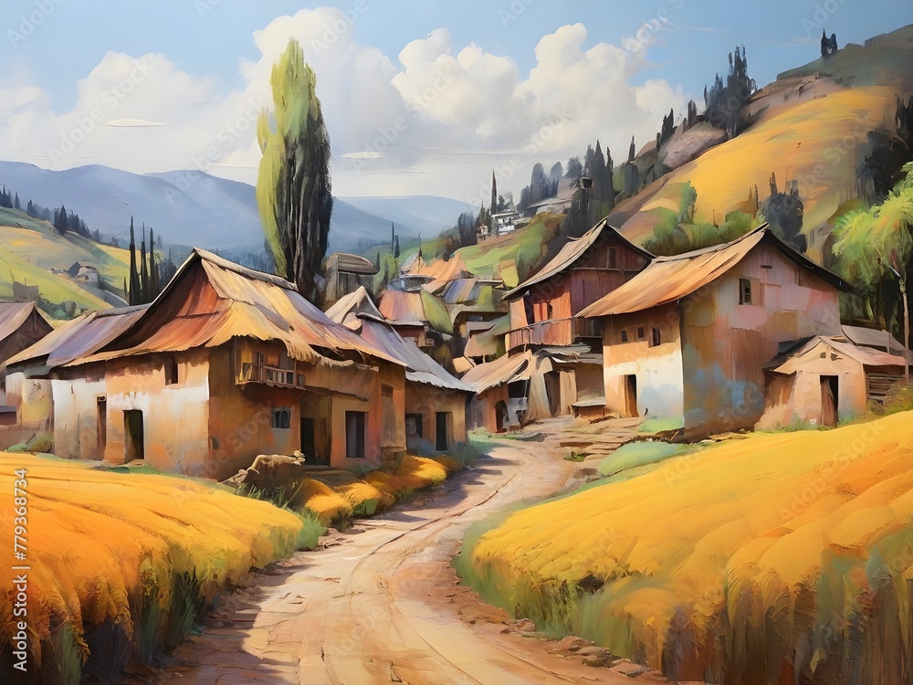Fototapeta premium Village painted with oil paints| Oil painting art | Landscape oil paint art| Lifestyle 