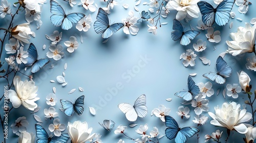 A delicate border of ethereal blue butterflies and white spring blossoms framing a serene blue space  inviting and peaceful.