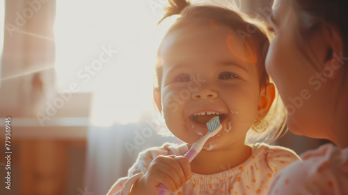 Parent brushes little girl daughter's teeth at home. Dental hygiene from early childhood. photo