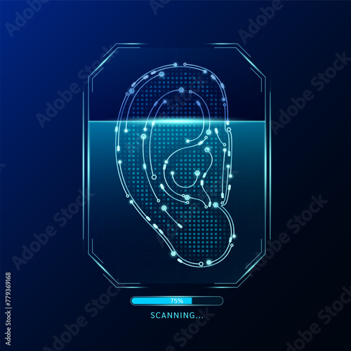 Ear scanning radar screen. Medical technology health care. Digital interface system MRI scan analysis of human organ. Science concept. Vector EPS10.