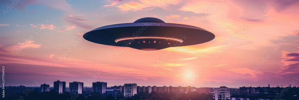 Alien invasion. Huge alien spaceship hovered over a densely populated city. The city's inhabitants peer out from their windows, captivated by the sight of the alien spaceship hovering above. Alien invasion. Huge alien spaceship hovered over a densely populated city. The city's inhabitants peer out from their windows, captivated by the sight of the alien spaceship hovering above.