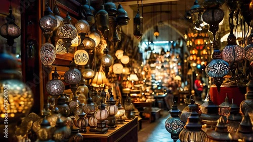 Metal filigree lanterns in a middle east bazaar. Oriental artwork and craft. photo