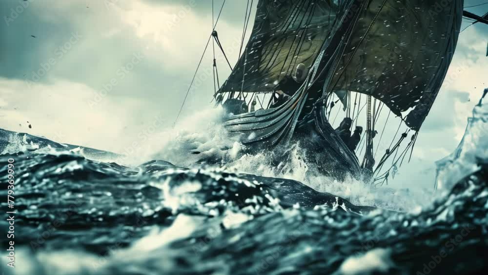 Viking longboat sailing on stormy seas