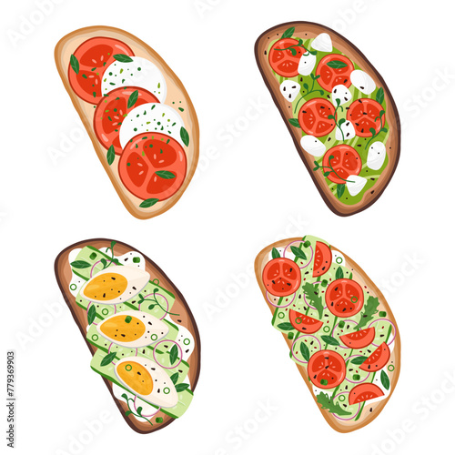 Toasts set with different ingredients, tasty snack